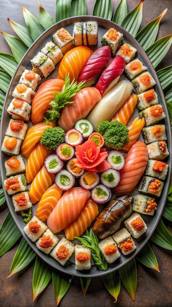 Photo a beautifully arranged sushi platter with nigiri sashimi and rollstopview