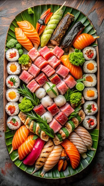 Photo a beautifully arranged sushi platter with nigiri sashimi and rollstopview