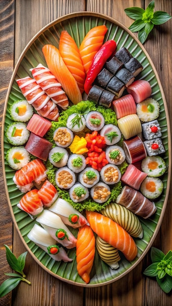 Photo a beautifully arranged sushi platter with nigiri sashimi and rollstopview