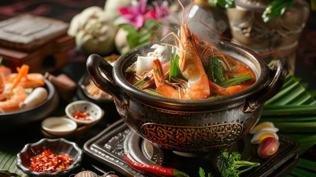 Beautifully arranged table featuring Tom Yum Goong The scene showcases a traditional Thai dining setup with elegant tableware and decorative elements The steaming hot bowl of Tom Yum Goong is