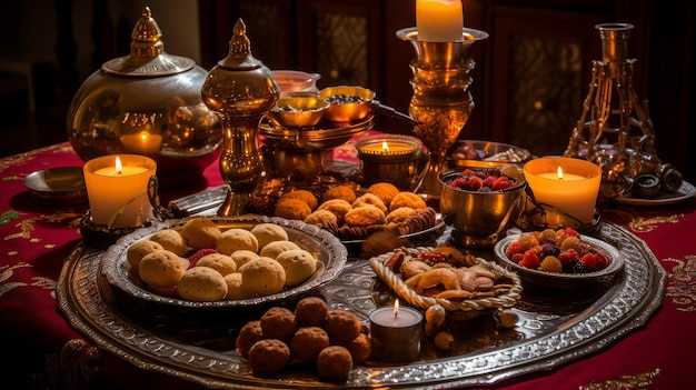 Photo a beautifully arranged table of traditional indian sweets