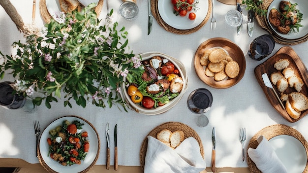 Photo beautifully arranged table with fresh salads fruits and baked goods perfect for gatherings or special occasions