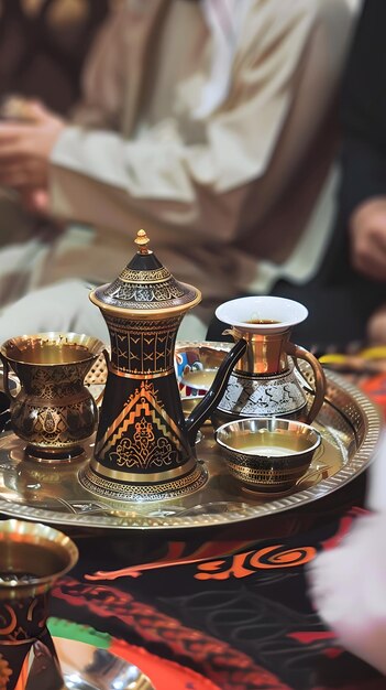 Photo beautifully arranged traditional saudi coffee cups on a decorative tray with intricate design