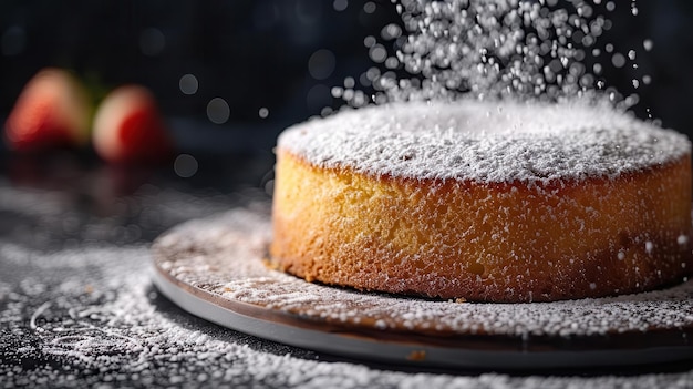 Photo a beautifully baked cake topped with a dusting of powdered sugar creating a delicious and inviting