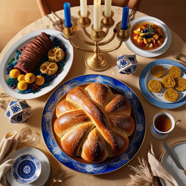 Photo beautifully braided challah with hanukkah candles and festive decorations