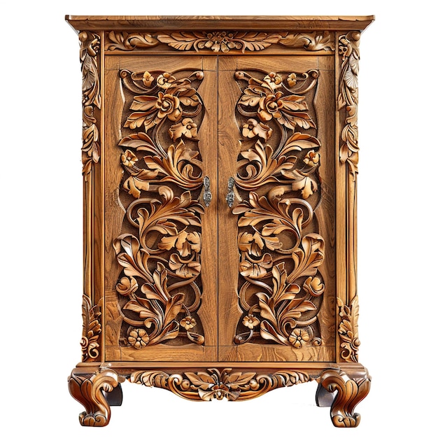 Beautifully Carved Antique Wooden Cabinet with Ornate Floral Patterns and Detailed Craftsmanship