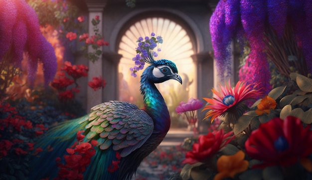 A Beautifully Colored Pheasant in an Enchanting Indian Garden Amidst Magical Splendor and Vibrancy