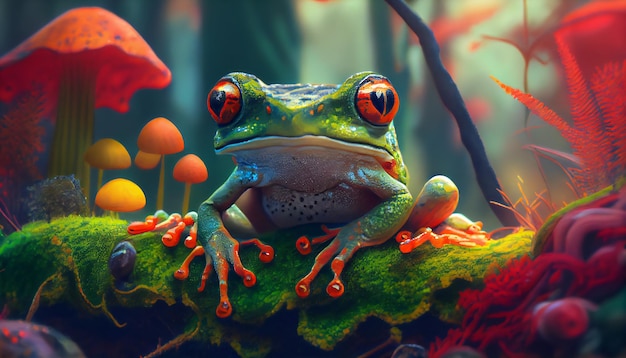 Beautifully coloured tropical frog in the jungle on a leaf Ai generated