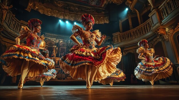 Beautifully Costumed Dancers Performing in Theater