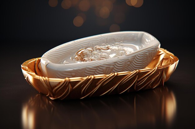 Photo a beautifully crafted ceramic dish resting elegantly on an artistic golden tray