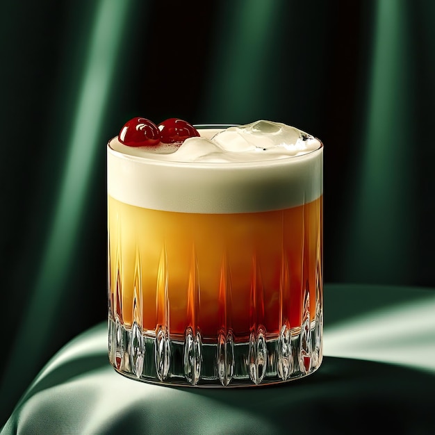 Photo a beautifully crafted cocktail featuring vibrant layers and garnished with cherries showcased against a silky backdrop