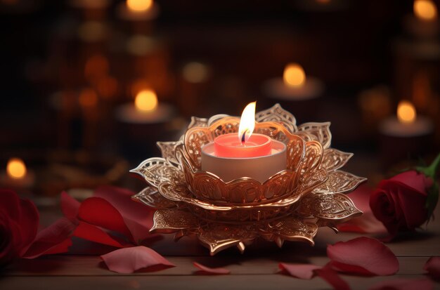 Photo a beautifully crafted diwali diya placed on an intricate and vibrant rangoli pattern