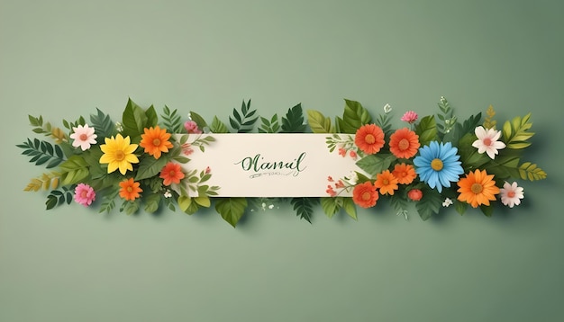 Photo a beautifully crafted floral banner composed entirely of vibrant leaves and colorful flowers showcasing natural artistry