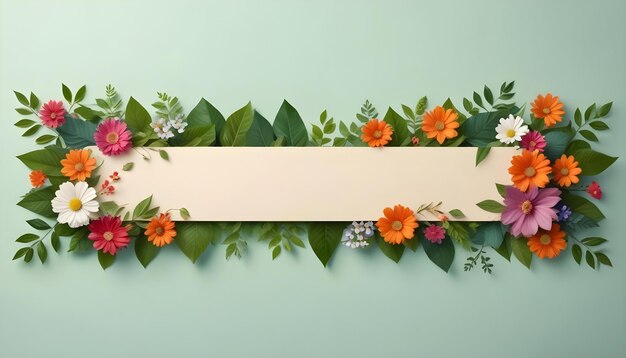 Photo a beautifully crafted floral banner composed entirely of vibrant leaves and colorful flowers showcasing natural artistry