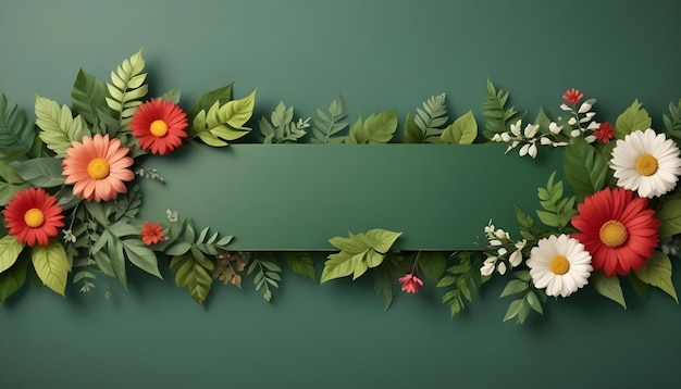 Photo a beautifully crafted floral banner composed entirely of vibrant leaves and colorful flowers showcasing natural artistry