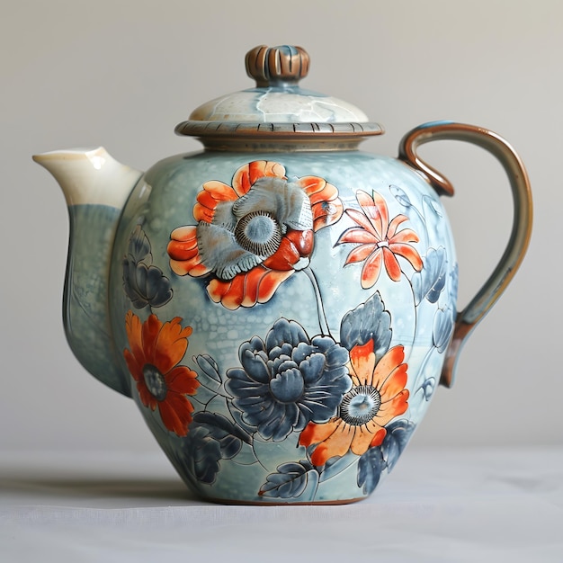 Photo beautifully crafted floral teapot with vibrant colors and intricate design