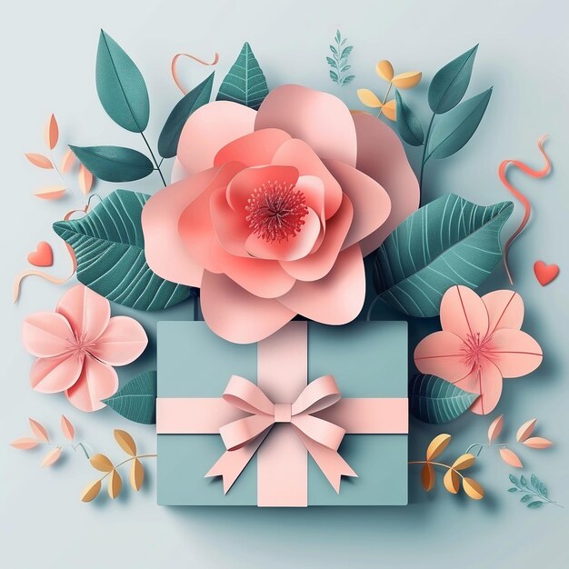 Photo beautifully crafted gift box adorned with pastel flowers and a delicate pink bow