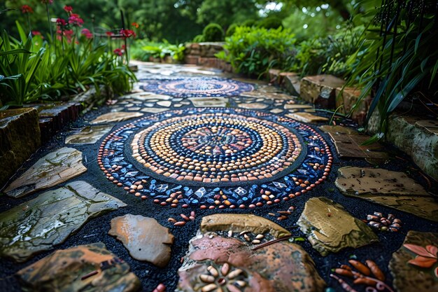 Photo beautifully crafted mosaic pathway surrounded by lush greenery