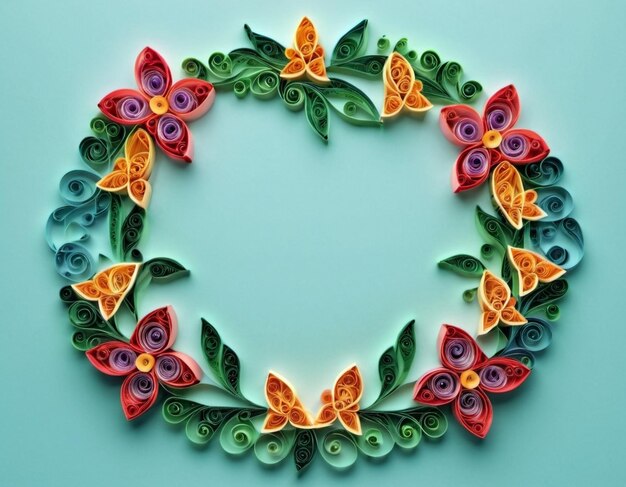 Photo beautifully crafted quilled paper art featuring vibrant flowers and butterflies arranged in decorative circular frame on soft blue background harmonious blend of natureinspired design generative ai