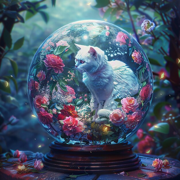 A beautifully crafted snow globe illustration featuring a serene and whimsical scene inside The sc