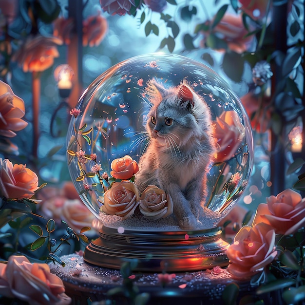 A beautifully crafted snow globe illustration featuring a serene and whimsical scene inside The sc