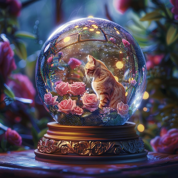 A beautifully crafted snow globe illustration featuring a serene and whimsical scene inside The sc