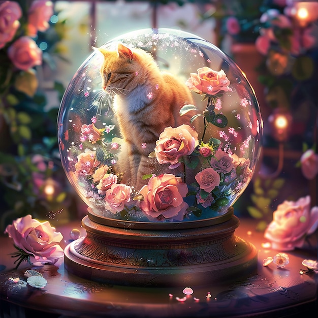 A beautifully crafted snow globe illustration featuring a serene and whimsical scene inside The sc