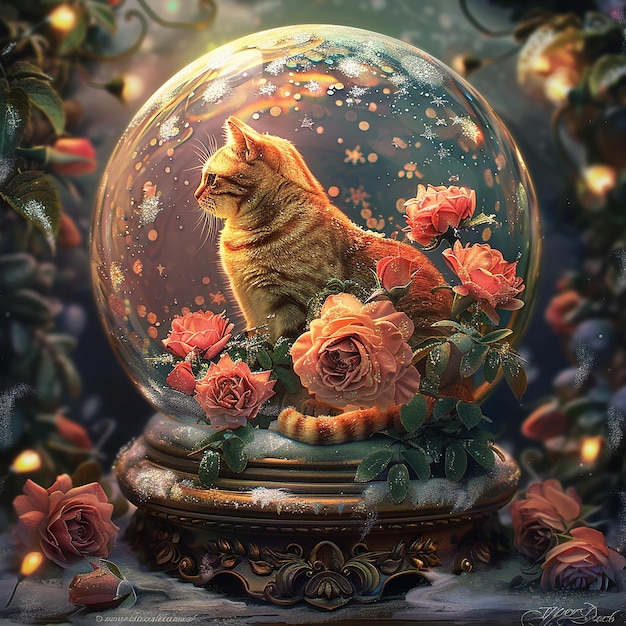 A beautifully crafted snow globe illustration featuring a serene and whimsical scene inside The sc