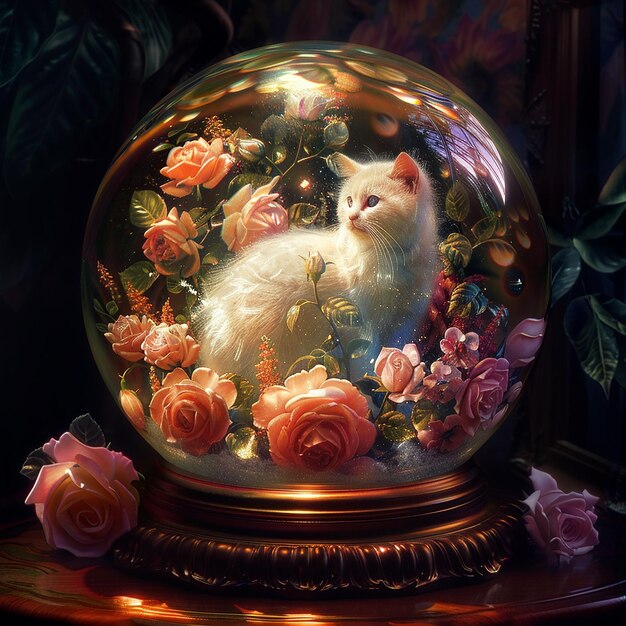 A beautifully crafted snow globe illustration featuring a serene and whimsical scene inside The sc