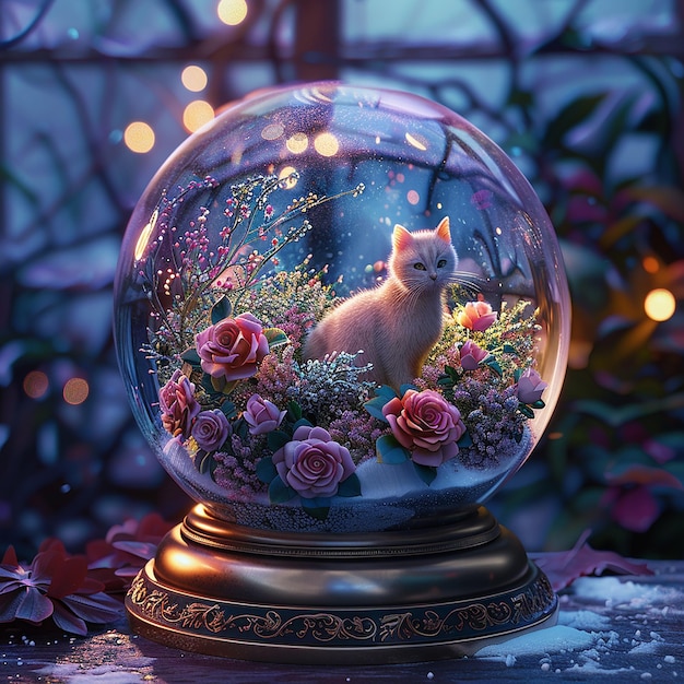 A beautifully crafted snow globe illustration featuring a serene and whimsical scene inside The sc