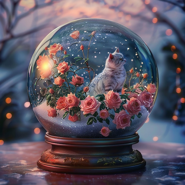 A beautifully crafted snow globe illustration featuring a serene and whimsical scene inside The sc