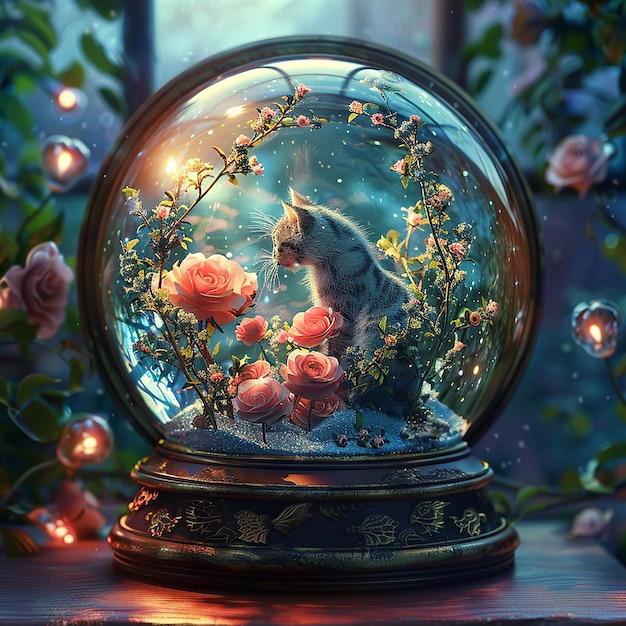 A beautifully crafted snow globe illustration featuring a serene and whimsical scene inside The sc