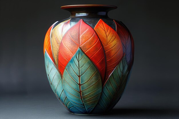 Photo beautifully crafted vase adorned with vibrant leaf patterns in various colors sits against backdrop