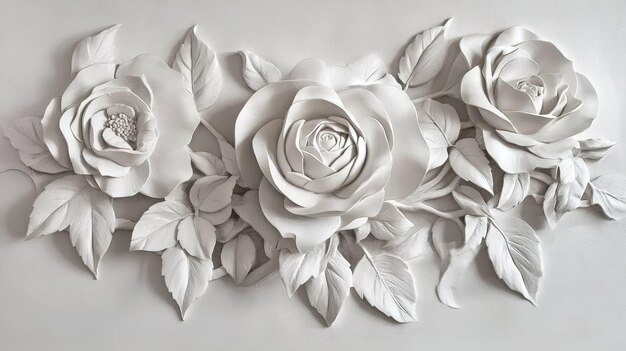 Photo beautifully crafted white paper roses with intricate details and leaves displayed on a neutral background