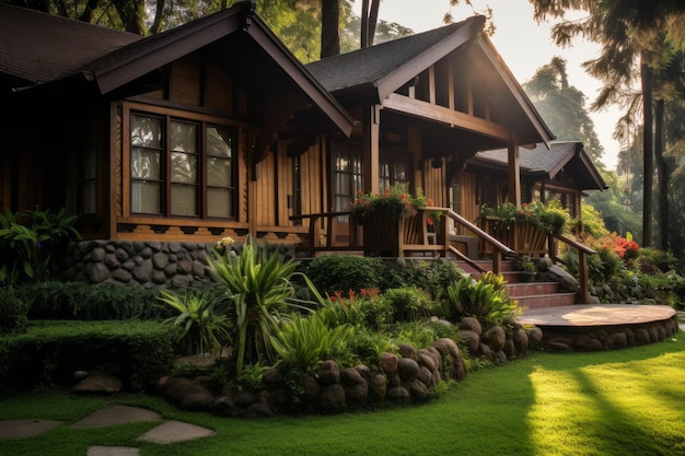 A beautifully crafted wooden bungalow nestled among lush greenery