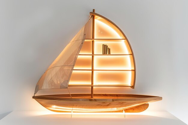 Photo a beautifully crafted wooden sailboat bookshelf with warm lighting displayed against a white wall in a modern living space