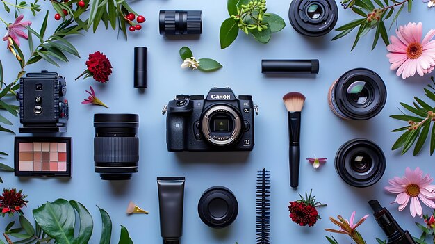 Photo beautifully curated flatlay of luxury cosmetic products and photography setup