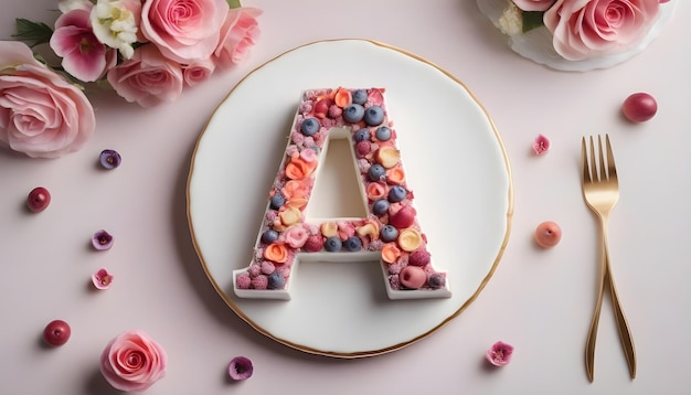 a beautifully decorated cake in the shape of the letter A promotional product photography