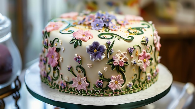 Photo a beautifully decorated cake with intricate floral designs