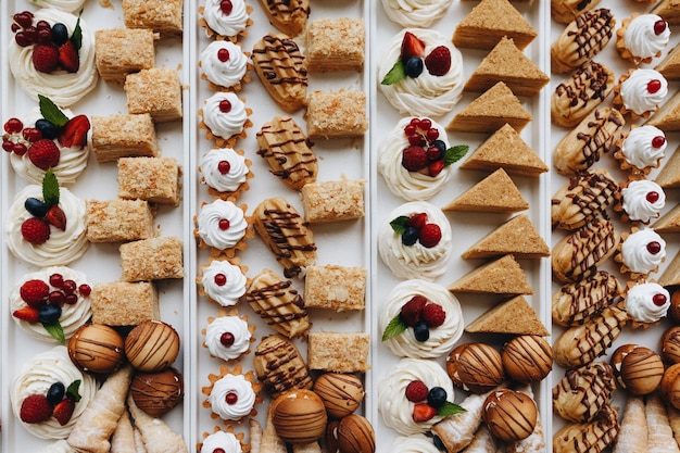 Beautifully decorated catering banquet table with different food snacks and appetizers