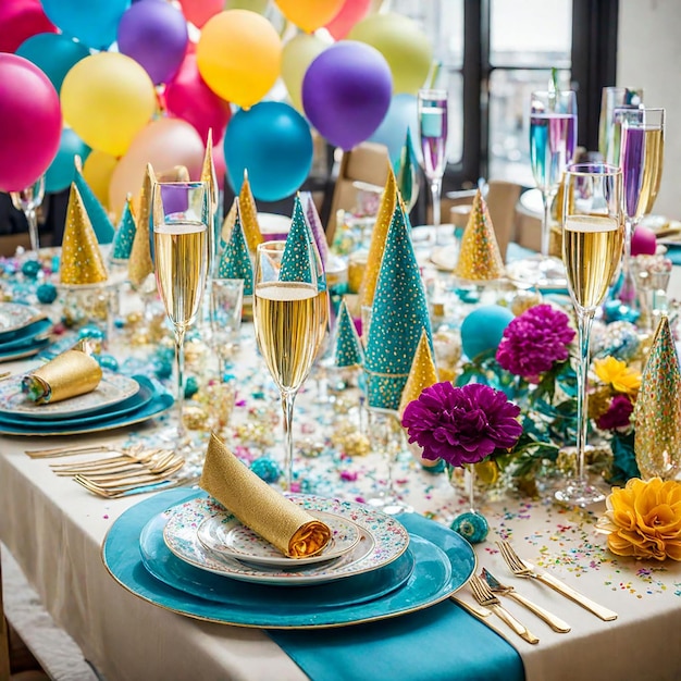 Photo beautifully decorated celebration table with party hats confetti gifts and elegant accessories