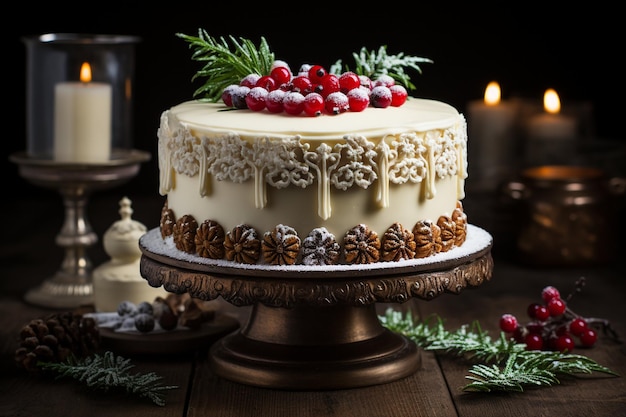 A beautifully decorated Christmas cake with holly and berries on top