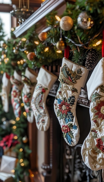 Photo beautifully decorated christmas mantel with stockings garland and candles perfect holiday design