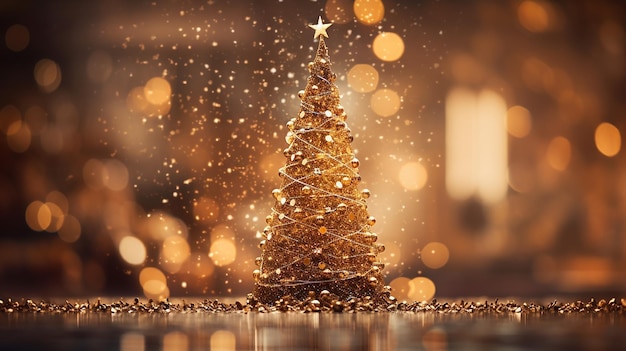 A beautifully decorated Christmas tree adorned with twinkling lights surrounded by a golden bokeh