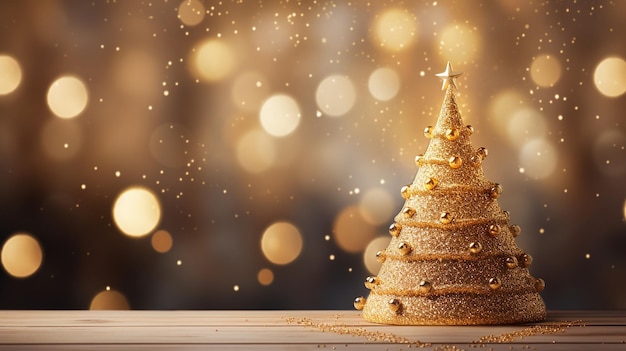 A beautifully decorated Christmas tree adorned with twinkling lights surrounded by a golden bokeh