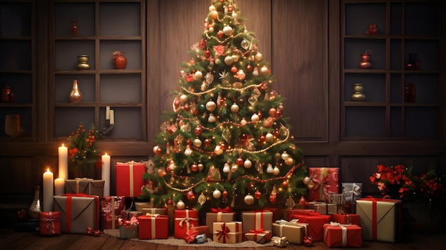 A beautifully decorated Christmas tree with presents and candles