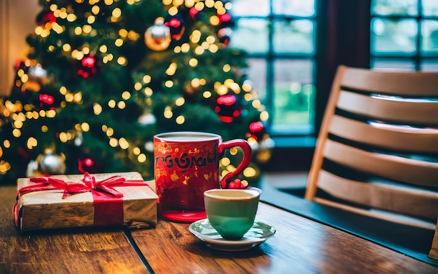 A beautifully decorated Christmas tree with presents and two cups of coffee