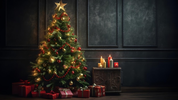 A beautifully decorated Christmas tree with presents underneath