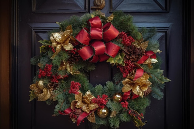 Beautifully decorated Christmas wreath with lush greenery red and gold ornaments