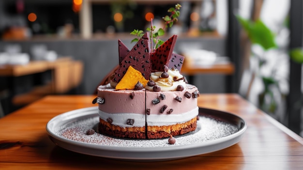 A beautifully decorated dessert cake on a plate The cake has pink and white layers chocolate decorations and sprinkled powdered sugar